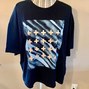 NWT BP + Wildfang Tee 1X Black 100% Organic Cotton Light Blue Peach Plus Print